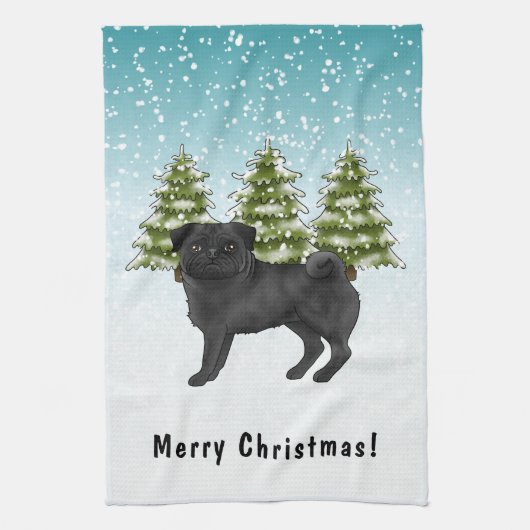Zwart Pug Schattige Cartoon Dog Snowy Winter Fores Theedoek (Verticaal)
