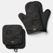 Zwart Realistisch Bont Textuur Monogram Ovenwant & Pannenlap Set (Voorkant / Achterkant)