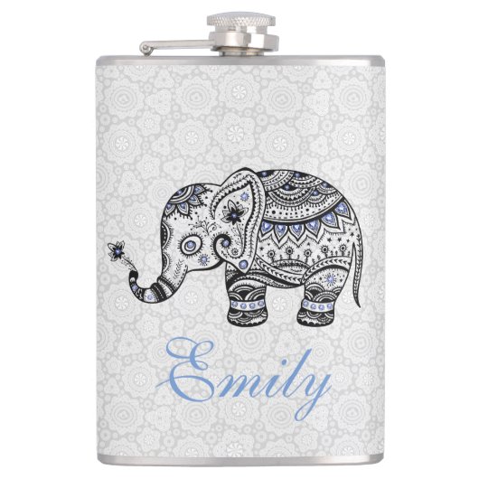 Zwart Retro Bloemen & Olifant Blauwe Diamanten Heupfles (Voorkant)