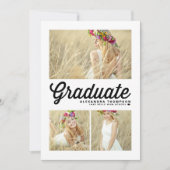 Zwart Retro Script Drie Foto Afstuderen Kaart (Voorkant)