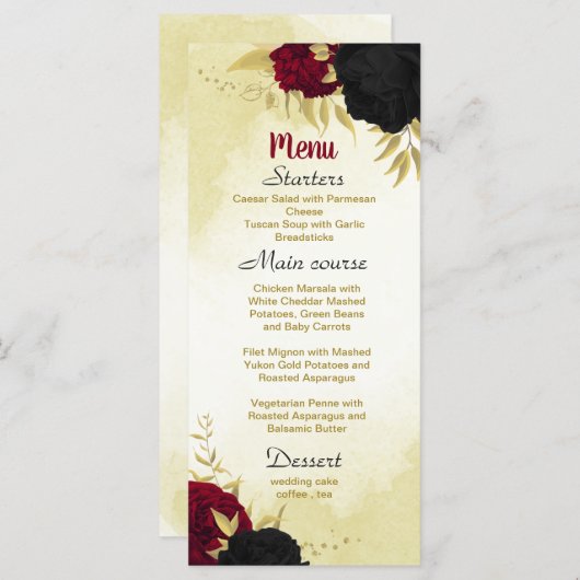 zwart rode bloemen gouden bladeren bruiloft menu (Voorkant / Achterkant)