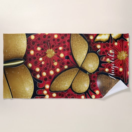 Zwart-rode gouden fluitjes op maat strandlaken (Voorkant)