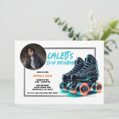 Zwart Rollerblades Blauw Glow Wielen Verjaardagsfe Kaart (Staand voorkant)