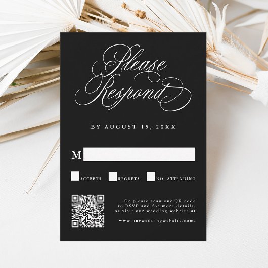 Zwart Romantisch Kalligrafie Huwelijk QR Code RSVP Kaartje