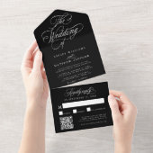 Zwart Romantisch Swirly Calligrafie Bruiloft All In One Uitnodiging (Afscheurbaar)