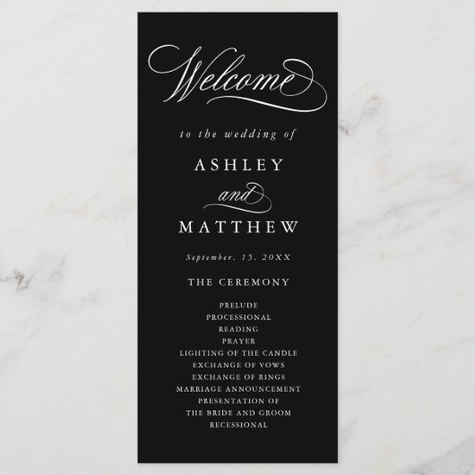 Zwart Romantisch Swirly Calligrafie Huwelijkscerem Programma (Voorkant)