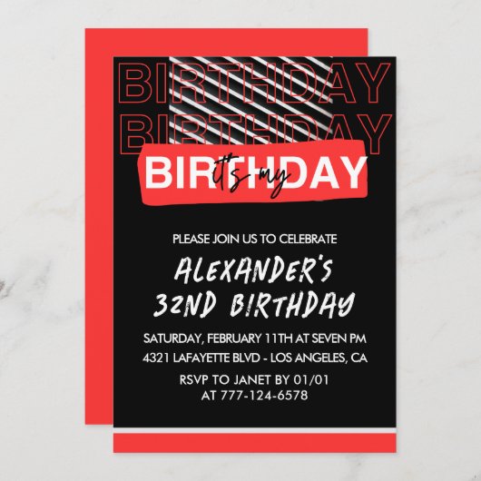 Zwart Rood 32e verjaardagsfeest uitnodigingen Mann (Voorkant / Achterkant)