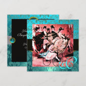 ZWART ROOD BLAUW FIETS HUWELIJK DAMAST MONOGRAM KAART (Voorkant / Achterkant)