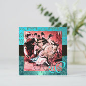 ZWART ROOD BLAUW FIETS HUWELIJK DAMAST MONOGRAM KAART (Staand voorkant)