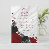 Zwart rood bloemen grijs bladeren marmer save the date (Staand voorkant)