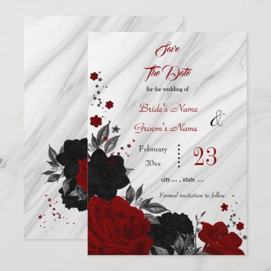 Zwart rood bloemen grijs bladeren marmer save the date (Voorkant / Achterkant)