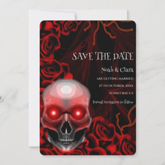 Zwart rood bloemendonker humeurig gothic schedel h save the date (Voorkant)
