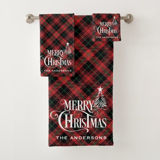 Zwart Rood Boerderij Kerst Tartan Plaid Custom Bad Handdoek (Insitu)