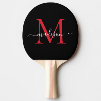 Zwart Rood Bourgogne Monogram Elegant Script Naam Tafeltennisbatje