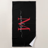 Zwart Rood Bourgondisch Monogram Vrouwelijk Girly Strandlaken (Voorkant)