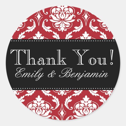 Zwart, Rood Damask Bruiloft Dank u Sticker (Voorkant)