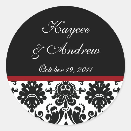 Zwart & Rood Damask Bruiloft Sticker (Voorkant)