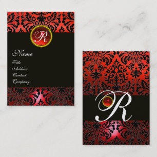 ZWART ROOD DAMAST BLOEMMONOGRAM, Ruby Edelsteen Visitekaartje