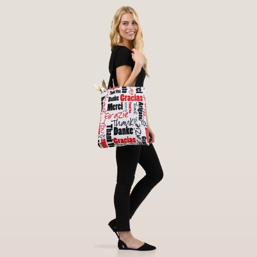 Zwart-rood Dank u Word Cloud Tote Bag (Op model)