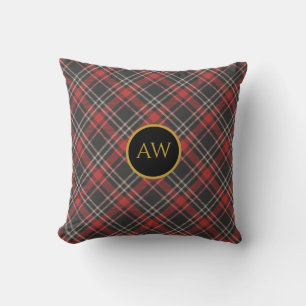 Zwart rood en crèmekleurig tartanmonogram kussen