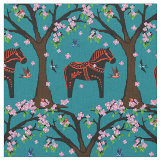 Zwart/rood Folk Dala paard/Folk vogels/bloemen 2.7 Stof