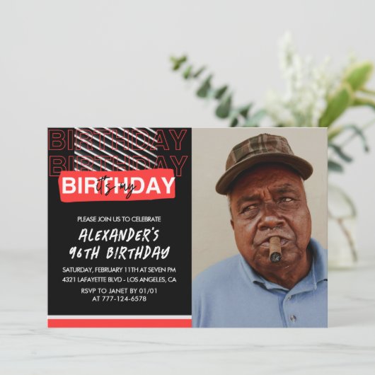 Zwart Rood Foto 96e verjaardag Uitnodigingen Manne (Staand voorkant)