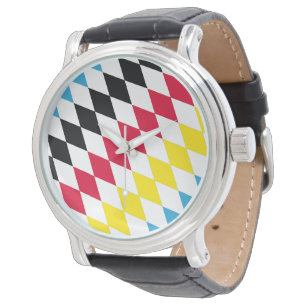 Zwart Rood Geel Blauw Beieren Diamant Vlag Patroon Horloge