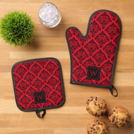 Zwart Rood Gotisch Damast Bloemen Patroon Monogram Ovenwant & Pannenlap Set
