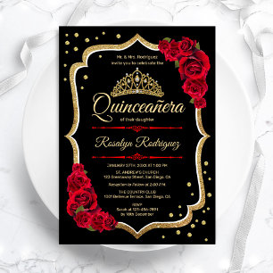 Zwart Rood Goud Elegant Quinceanera Kaart