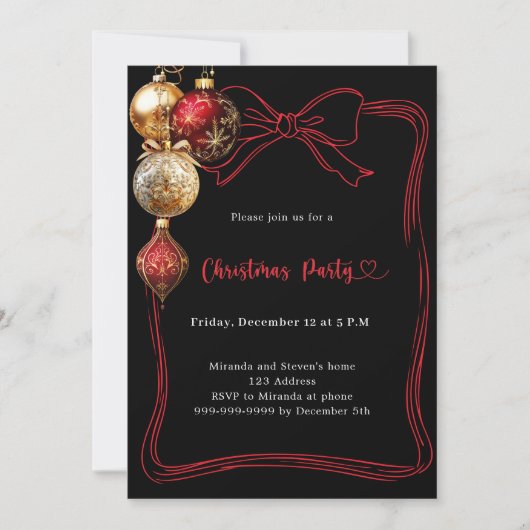 Zwart rood goud kerstballen boog kerstfeest kaart (Voorkant)