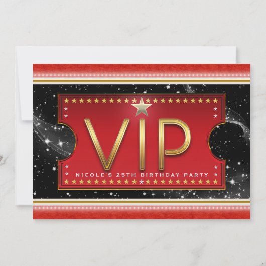 Zwart Rood Goud & Zilver Glam VIP Ticket Uitnodigi Kaart (Voorkant)