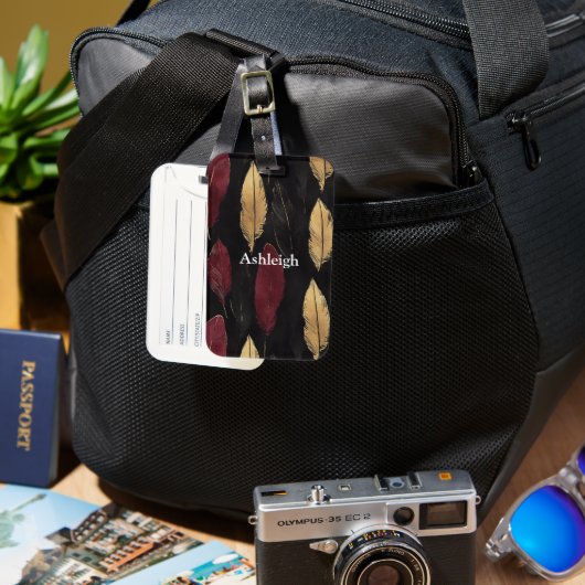 Zwart Rood Gouden Veren Bagagelabel (Voorkant & Achterkant)