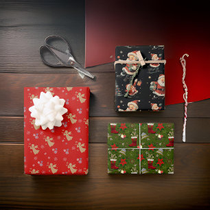 Zwart Rood Groen Santa Angels Poinsettia Inpakpapier Vel