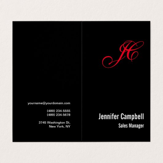 Zwart Rood Handschrift Monogram Naam Minimalist Visitekaartjes (Buitenkant ongevouwen)