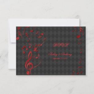 Zwart Rood Harlekijn Muzieknoten Huwelijks RSVP ka Kaartje