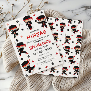 Zwart Rood Ninja Warrior Verjaardag Jongen Uitnodi Kaart