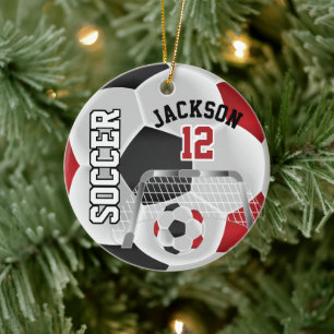 Zwart-rood, persoonlijk Voetbal Keramisch Ornament