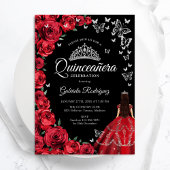 Zwart Rood Rozen Vlinders Quinceanera Kaart