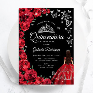 Zwart Rood Rozen Vlinders Quinceanera Kaart