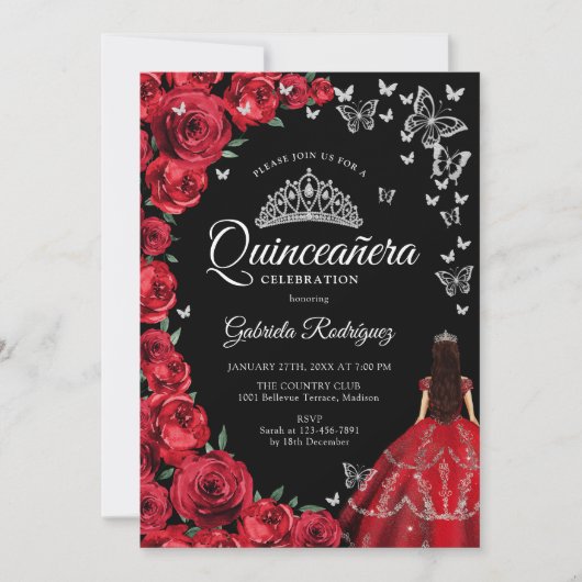 Zwart Rood Rozen Vlinders Quinceanera Kaart (Voorkant)