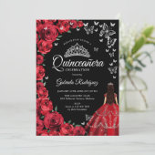 Zwart Rood Rozen Vlinders Quinceanera Kaart (Staand voorkant)