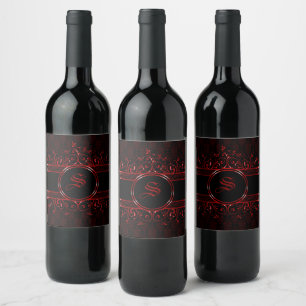 Zwart & Rood Sierlijk Gotisch Monogram Wijn Etiket
