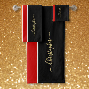 Zwart Rood Sinaasappel Racing Stripes Faux Gold Mo Bad Handdoek