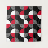 Zwart, rood, wit geometrisch geruite patroon.
