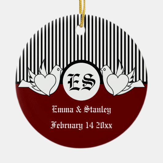 Zwart, rood, wit liefhebbende duiven initialen orn keramisch ornament (Voorkant)