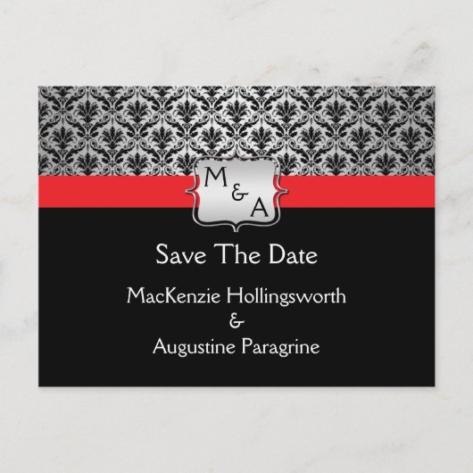 Zwart Rood Zilver Monogram Damast Save the Date Aankondigingskaart (Voorkant)
