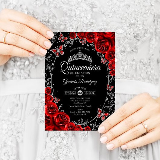 Zwart Rood Zilver Quinceanera Kaart