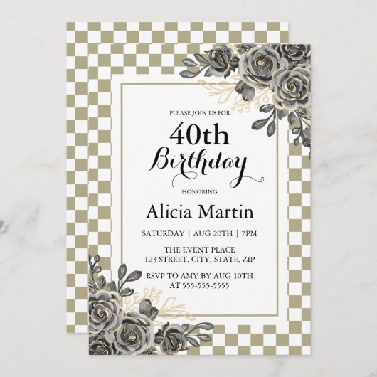 Zwart Roos Flora Sage & White Checkered Verjaardag Kaart (Voorkant / Achterkant)