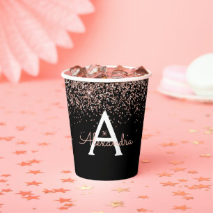 Zwart Roos Gold Blush Roze Glitter Monogram Papieren Bekers