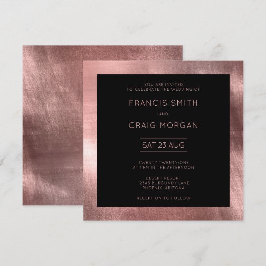Zwart Roos Gold Foil Modern Wedding Kaart (Voorkant / Achterkant)